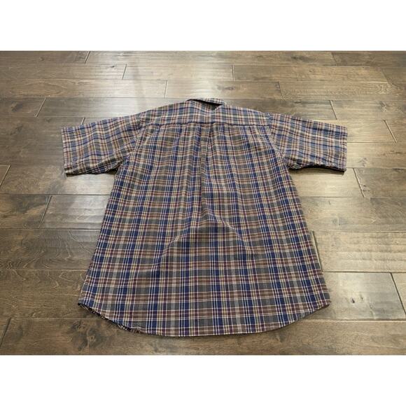 Vintage Bon Homme Mens Brown Blue Plaid Button Up Short Sleeve Shirt Size L - Picture 3 of 8